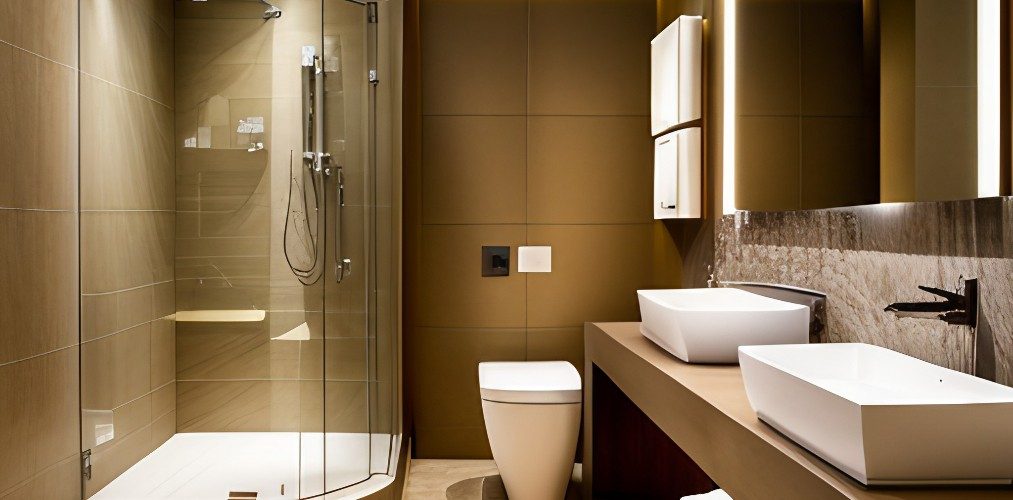 Brown bathroom with western toilet and shower cubicles-Beautiful Homes