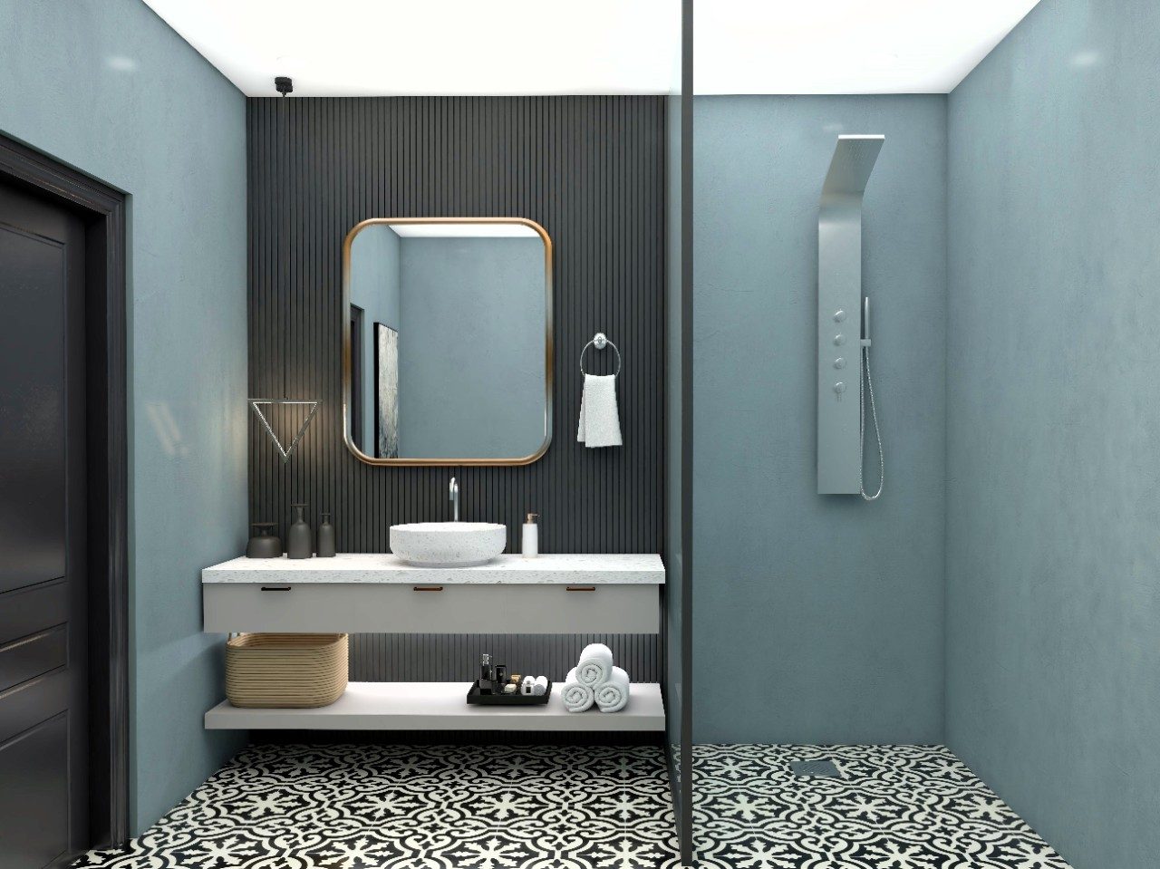 Bathroom with white and black printed floor tiles and black fluted wall paneling-Beautiful Homes