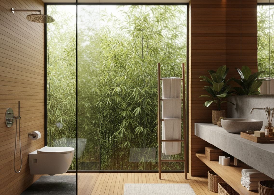 Modern bathroom with wooden décor and bamboo view - Beautiful Homes