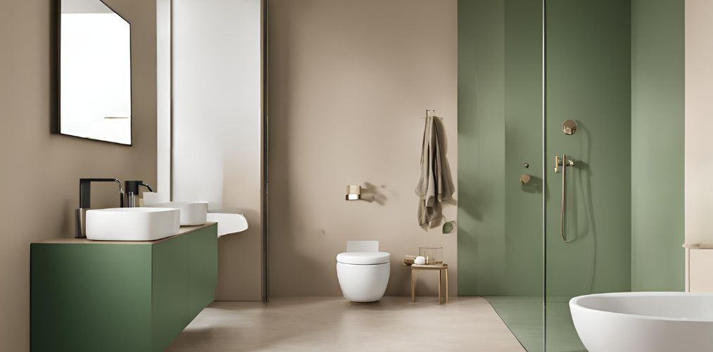 Beige and green modern bathroom with shower cabin - Beautiful Homes