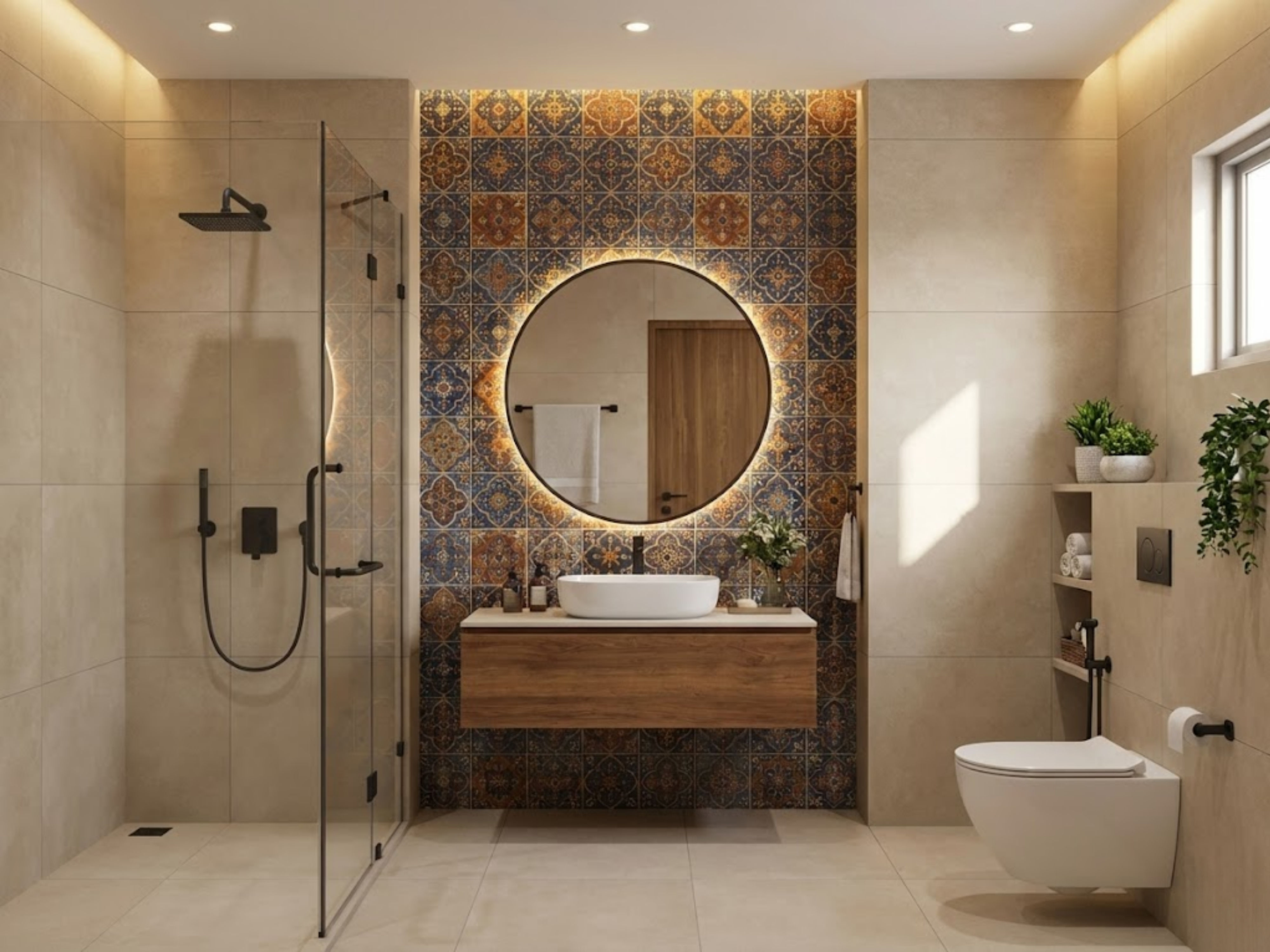 Bathroom with wooden vanity and tile wall - Beautiful Homes