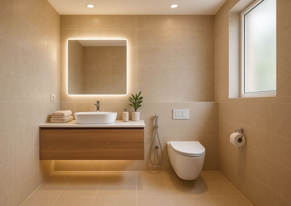 Beige bathroom with vanity and glass enclosure - Beautiful Homes