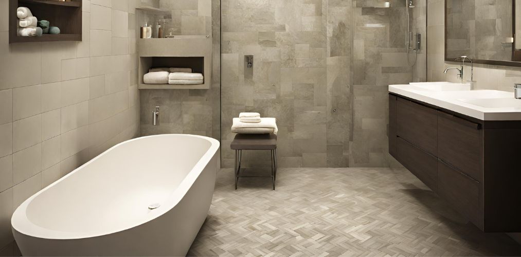 Beige small bathroom with herringbone pattern tiles - Beautiful Homes