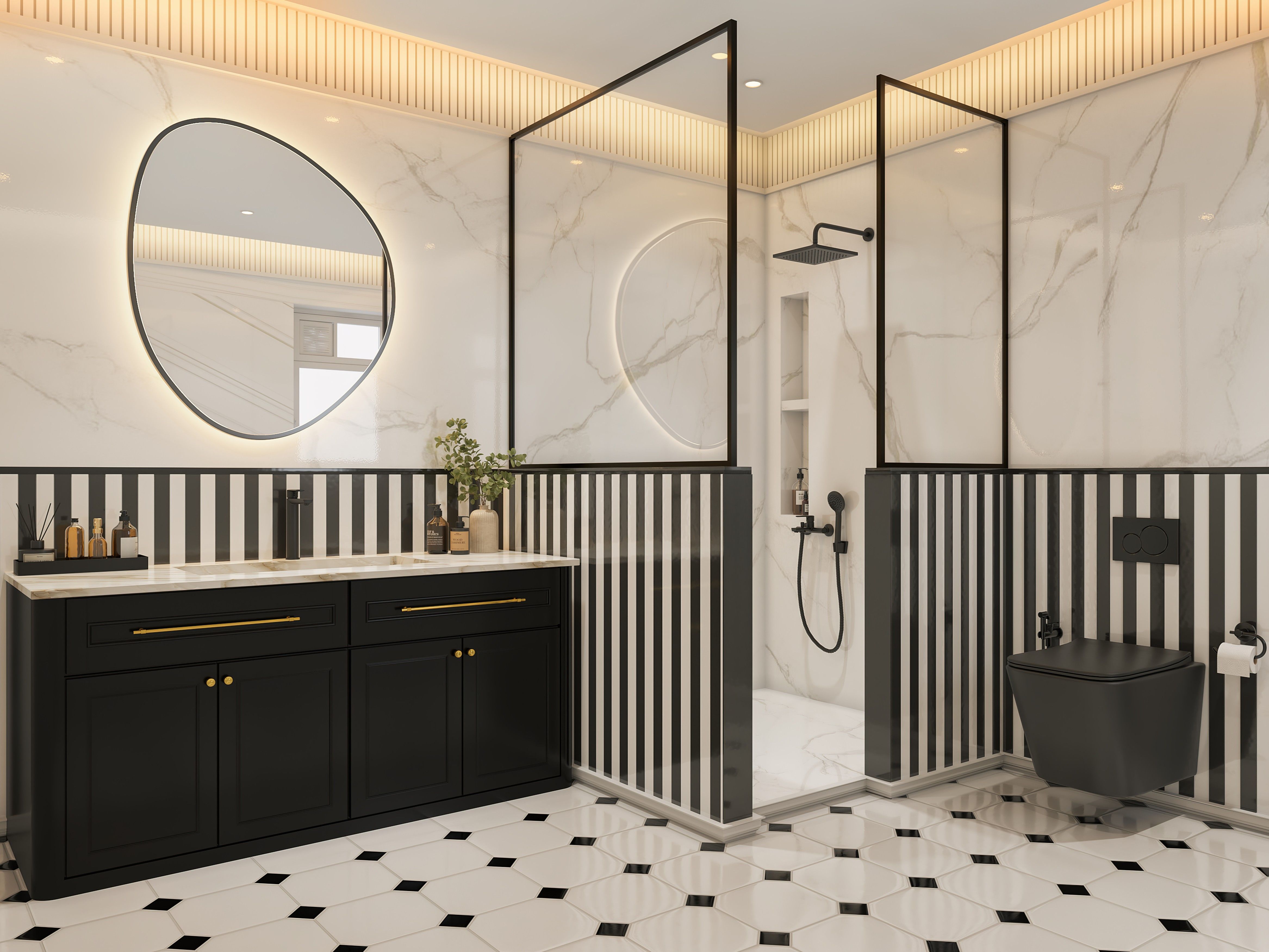 Stylish bathroom featuring marble walls, striped tiles, and black fixtures - Beautiful Homes