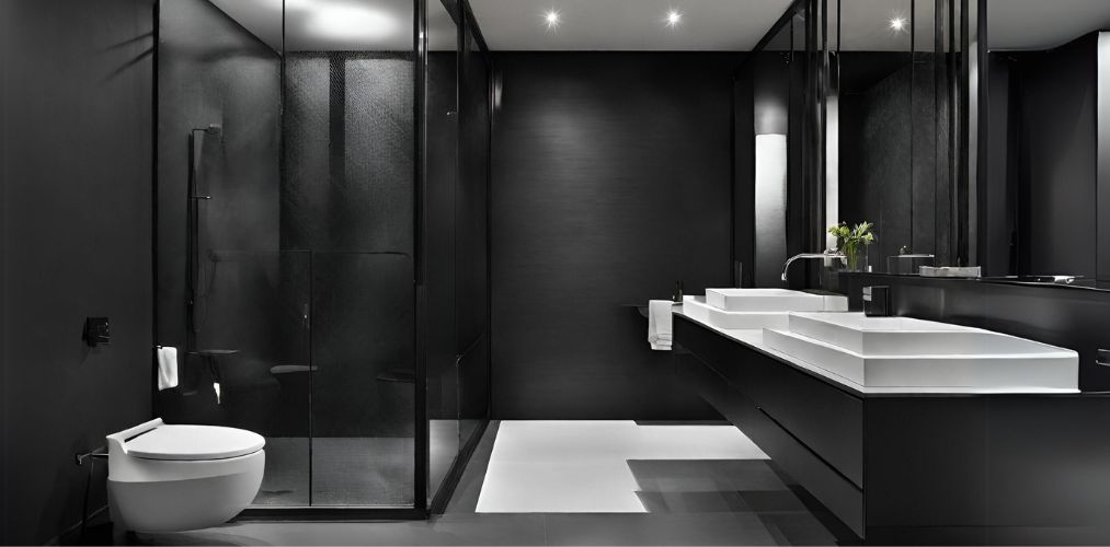 Black bathroom with glass shower cubicle-Beautiful Homes