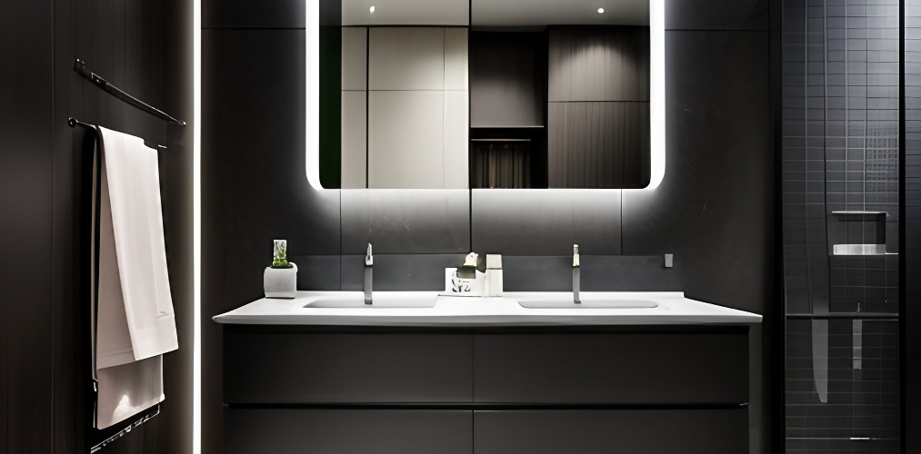 Black bathroom with led mirror and white counter top basin-Beautiful Homes