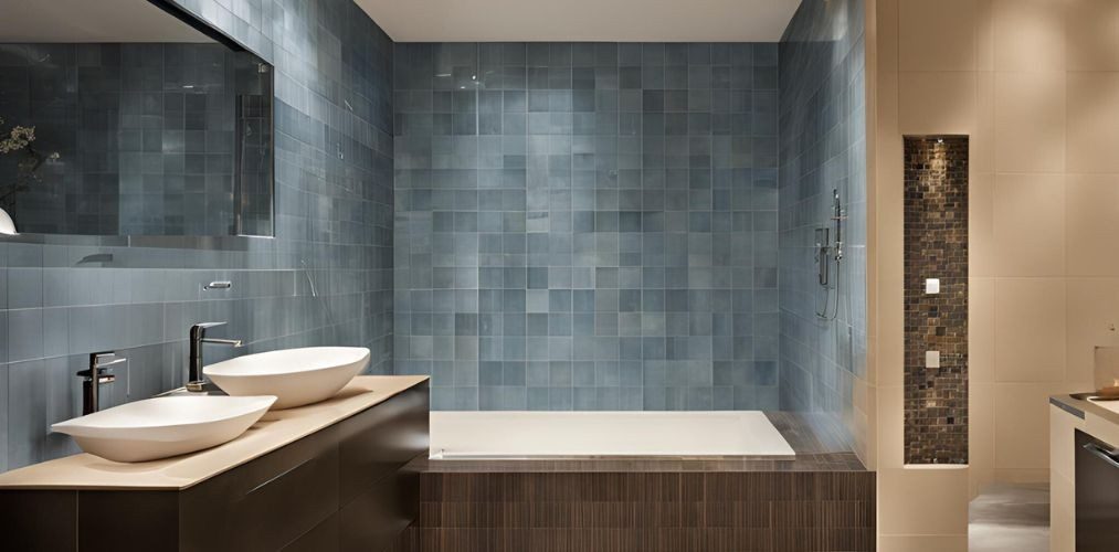 Blue and beige bathroom with shaded tiles - Beautiful Homes