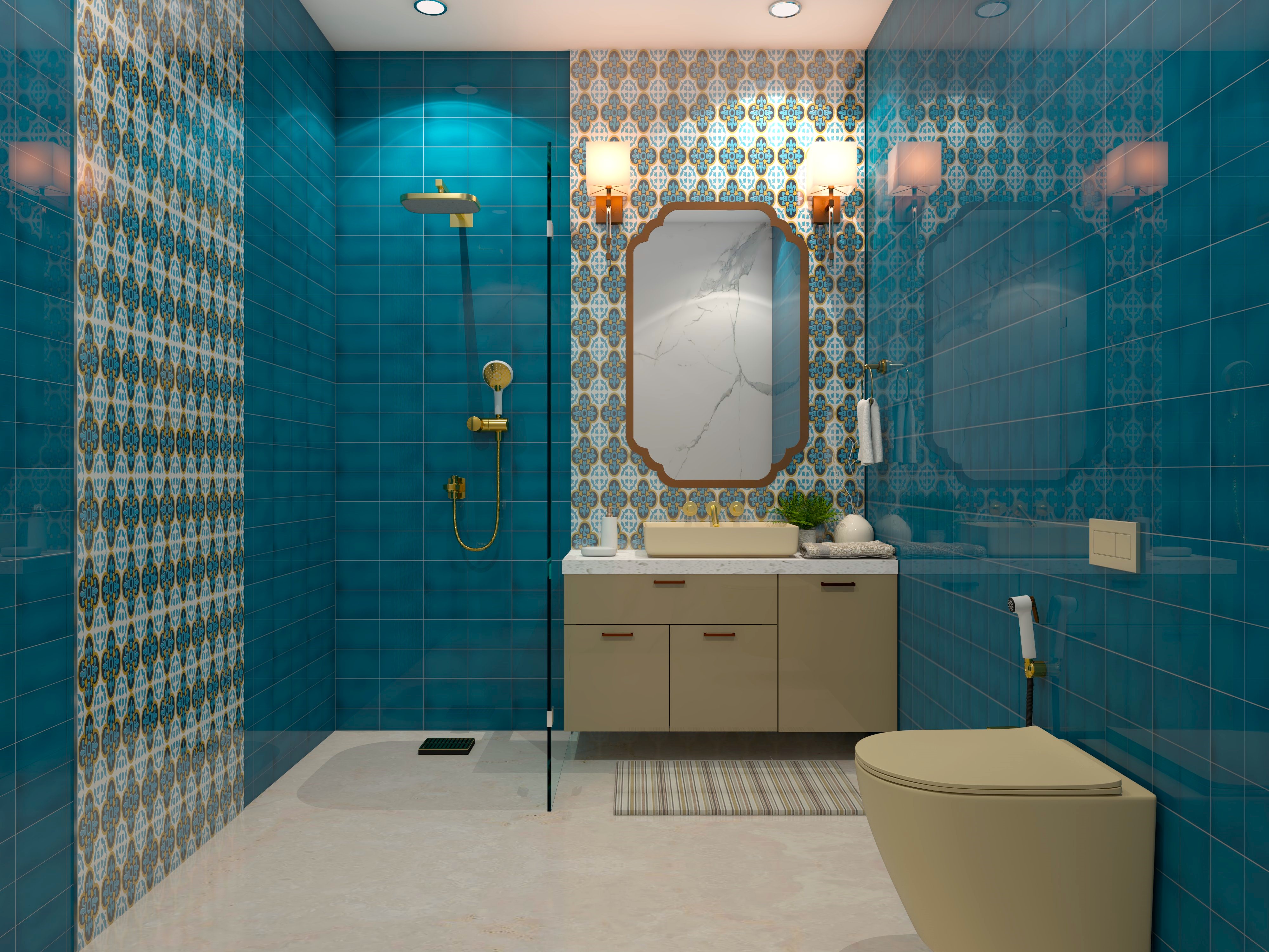 Blue bathroom with traditional higlighter tiles and modular vanity-Beautiful Homes