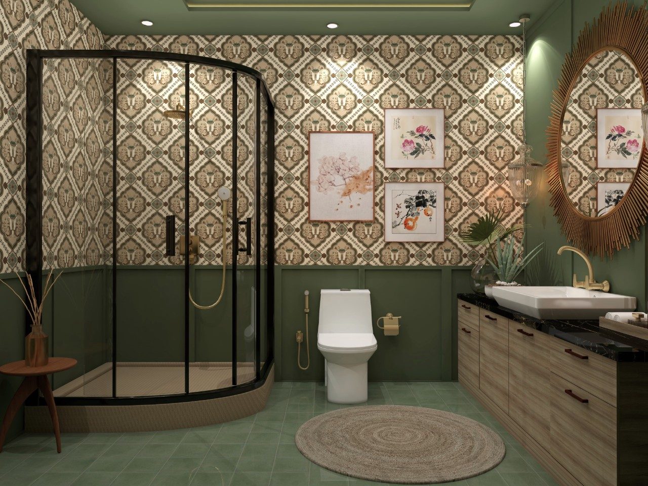 Bohemian bathroom with Asian Paints printed wallpaper tiles and corner shower unit - Beautiful Homes