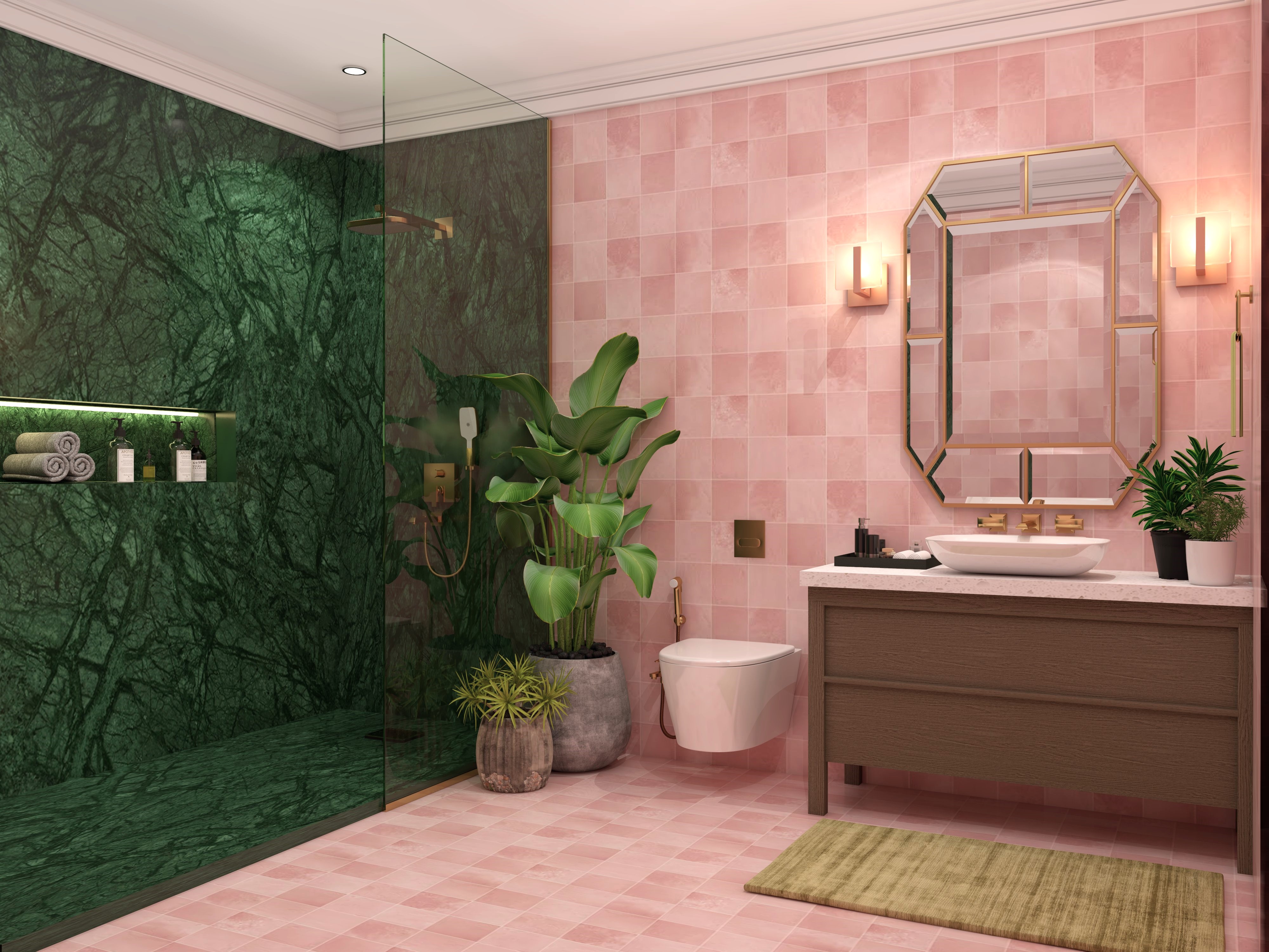 Bohemian Style Bathroom with Asian Paints Pink Tiles and Teak Wall Lights - Beautiful Homes