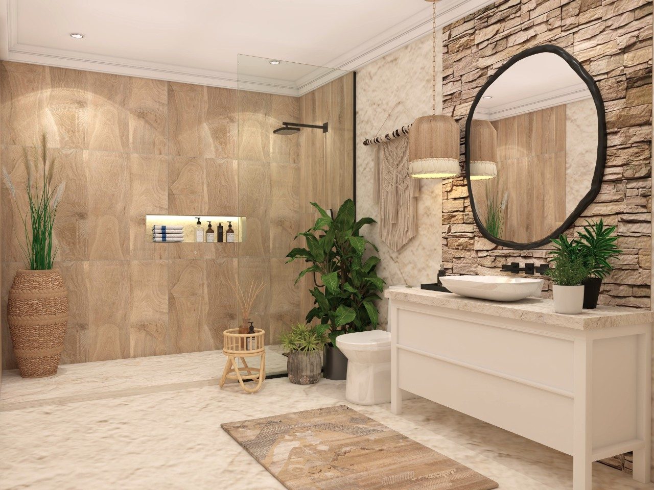 Bohemian Style Bathroom with Asian Paints Wooden Finish Tiles and Bath Fittings - Beautiful Homes