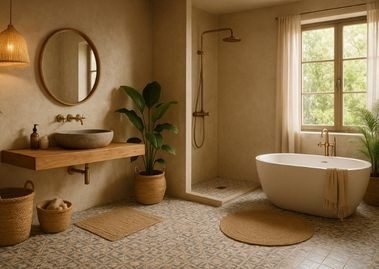 Natural bathroom with bathtub and wooden basin - Beautiful Homes