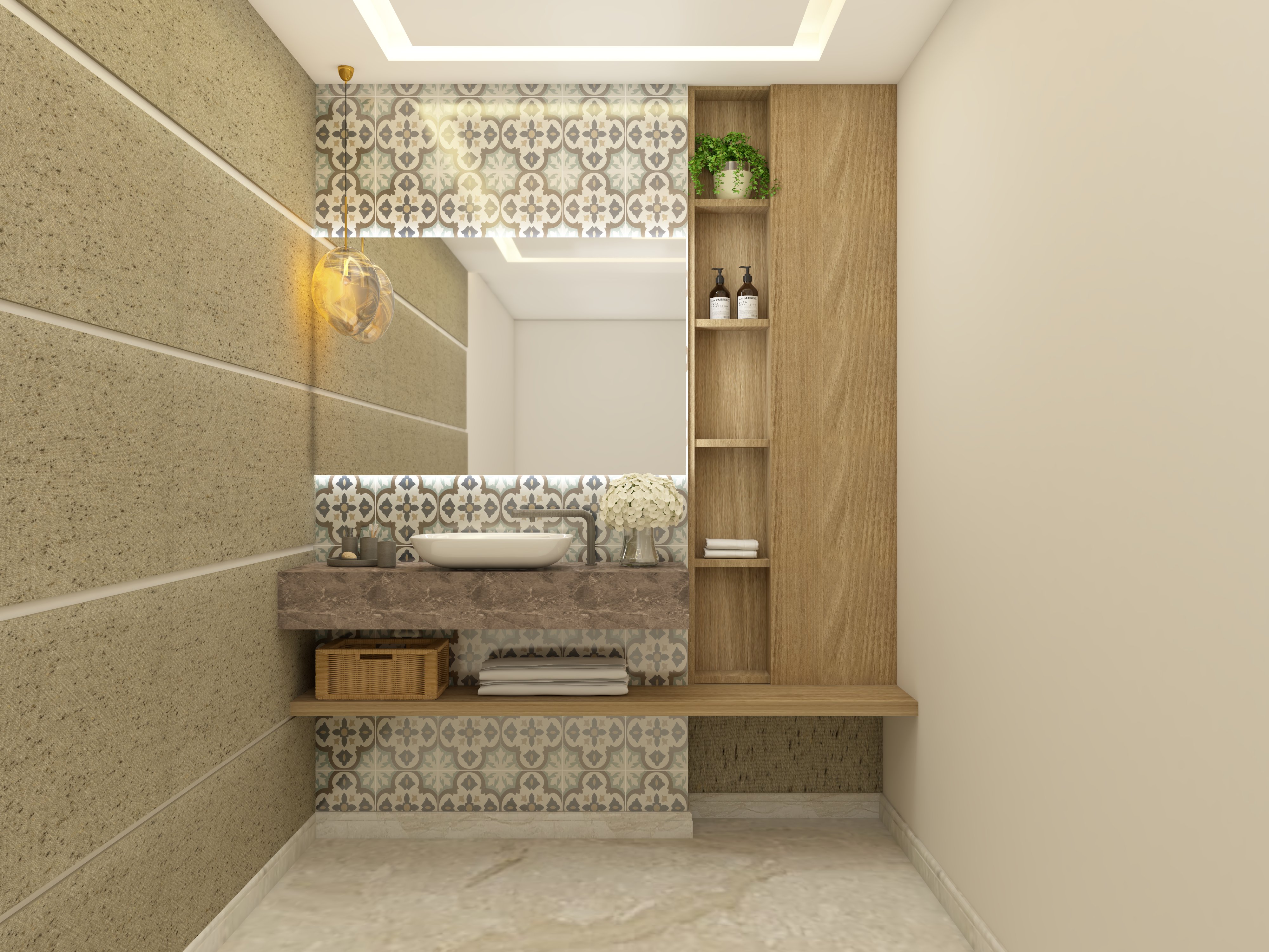 Bathroom with tiles, wooden shelves, and countertop basin - Beautiful Homes