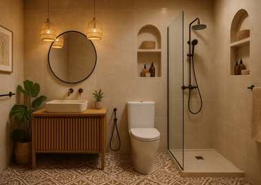 Beige bathroom with wooden vanity and shower panel - Beautiful Homes