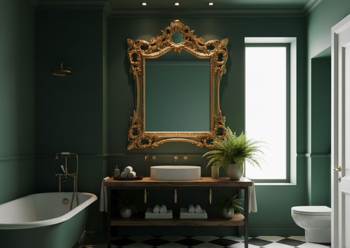 Green bathroom with gold mirror and wooden vanity - Beautiful Homes