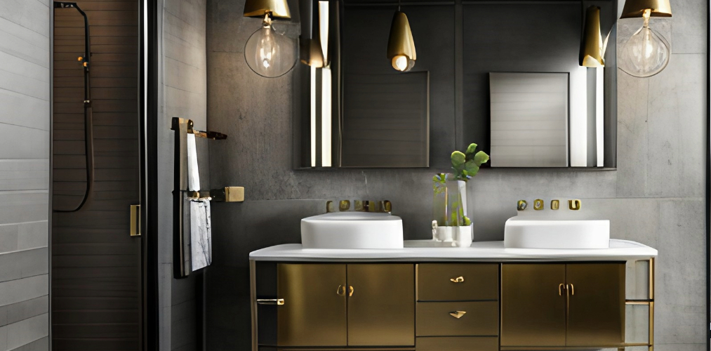 Brass accents for an industrial style bathroom with grey tiles-Beautiful Homes