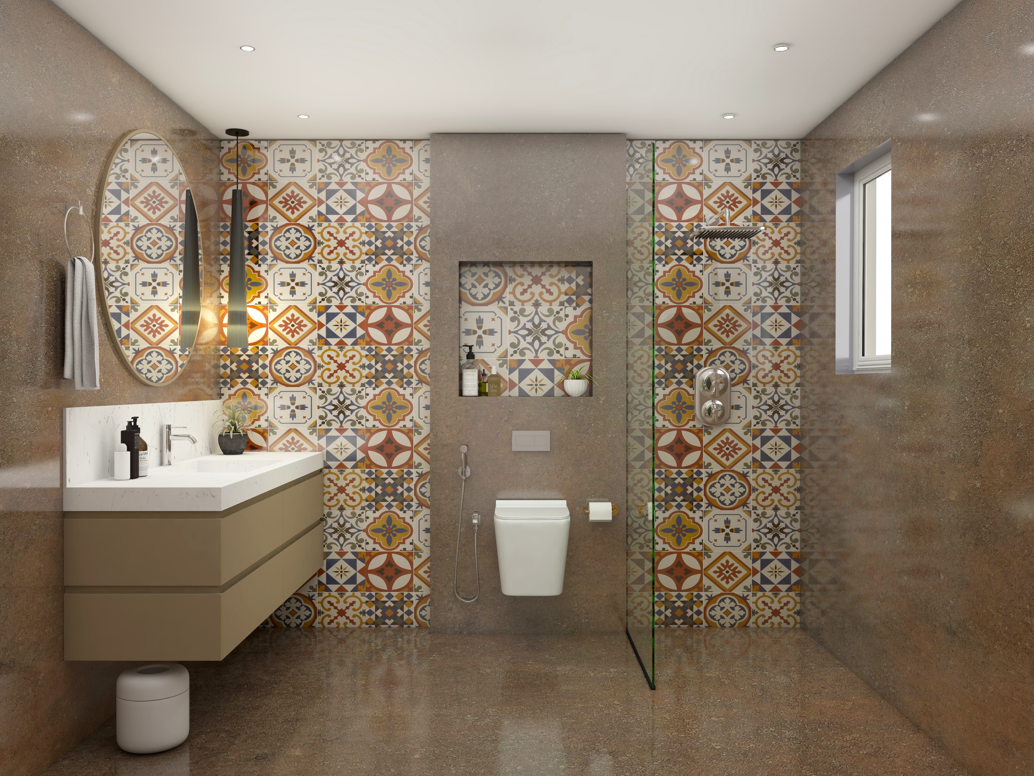 Brown bathroom with traditional printed wall tiles-Beautiful Homes