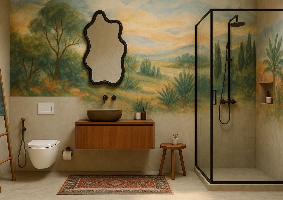 Bathroom with landscape wall art and modern fixtures - Beautiful Homes