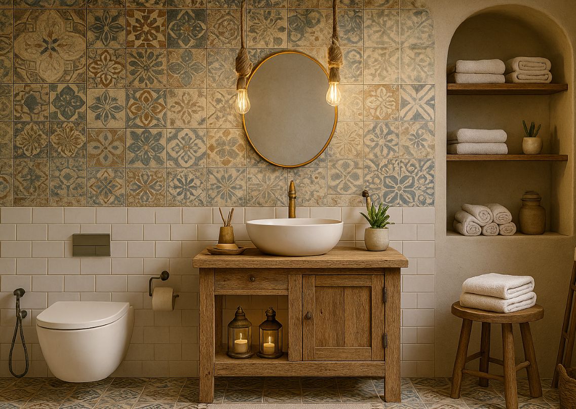 Rustic bathroom with wooden vanity and mosaic tiles - Beautiful Homes