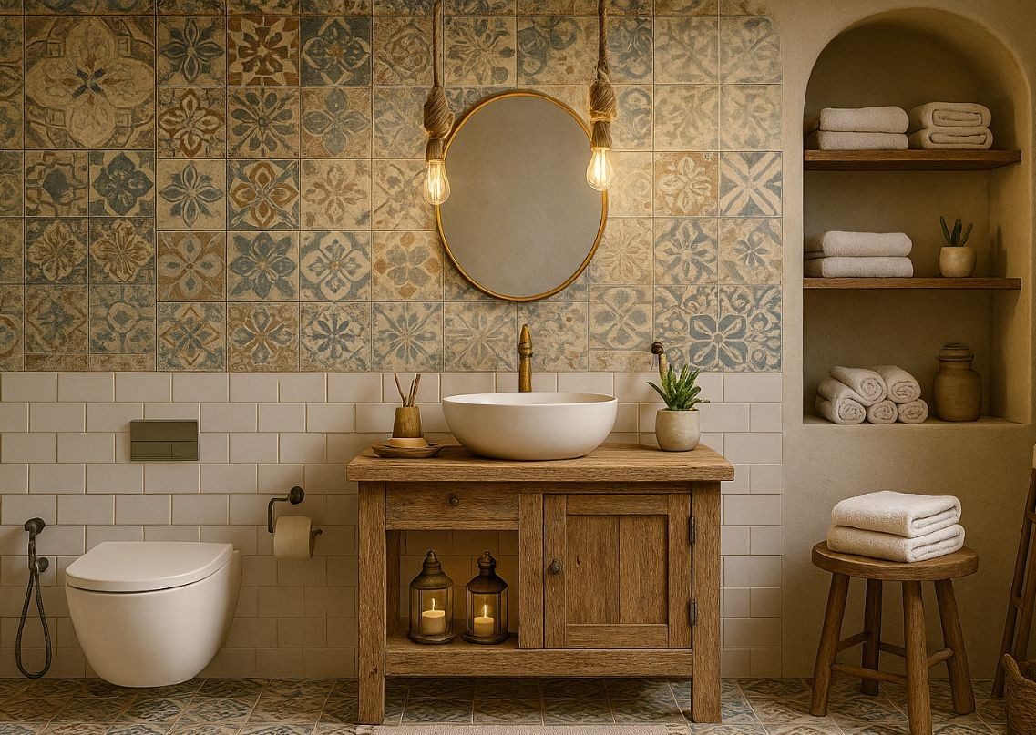 Rustic bathroom with wooden vanity and mosaic tiles - Beautiful Homes