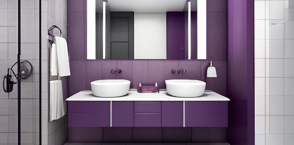 Chic white and purple bathroom with mirror-Beautiful Homes