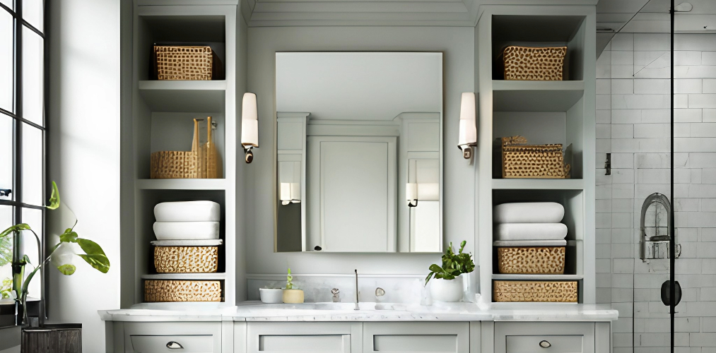 Classic bathroom grey vanity with open cabinets-Beautiful Homes