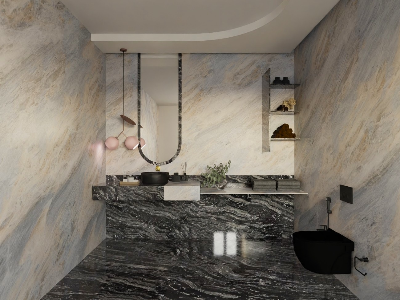 Marble bathroom with black fixtures and shelves - Beautiful Homes