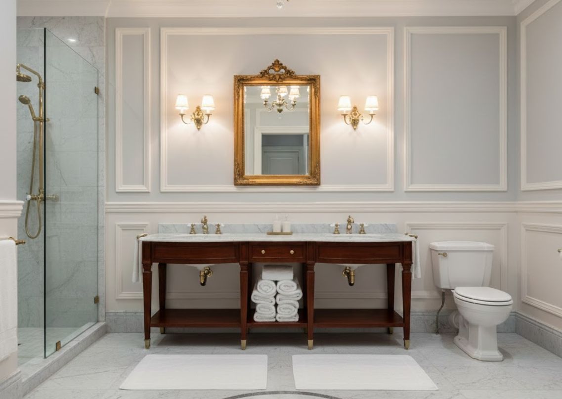 Luxury bathroom with double vanity and vintage mirror - Beautiful Homes