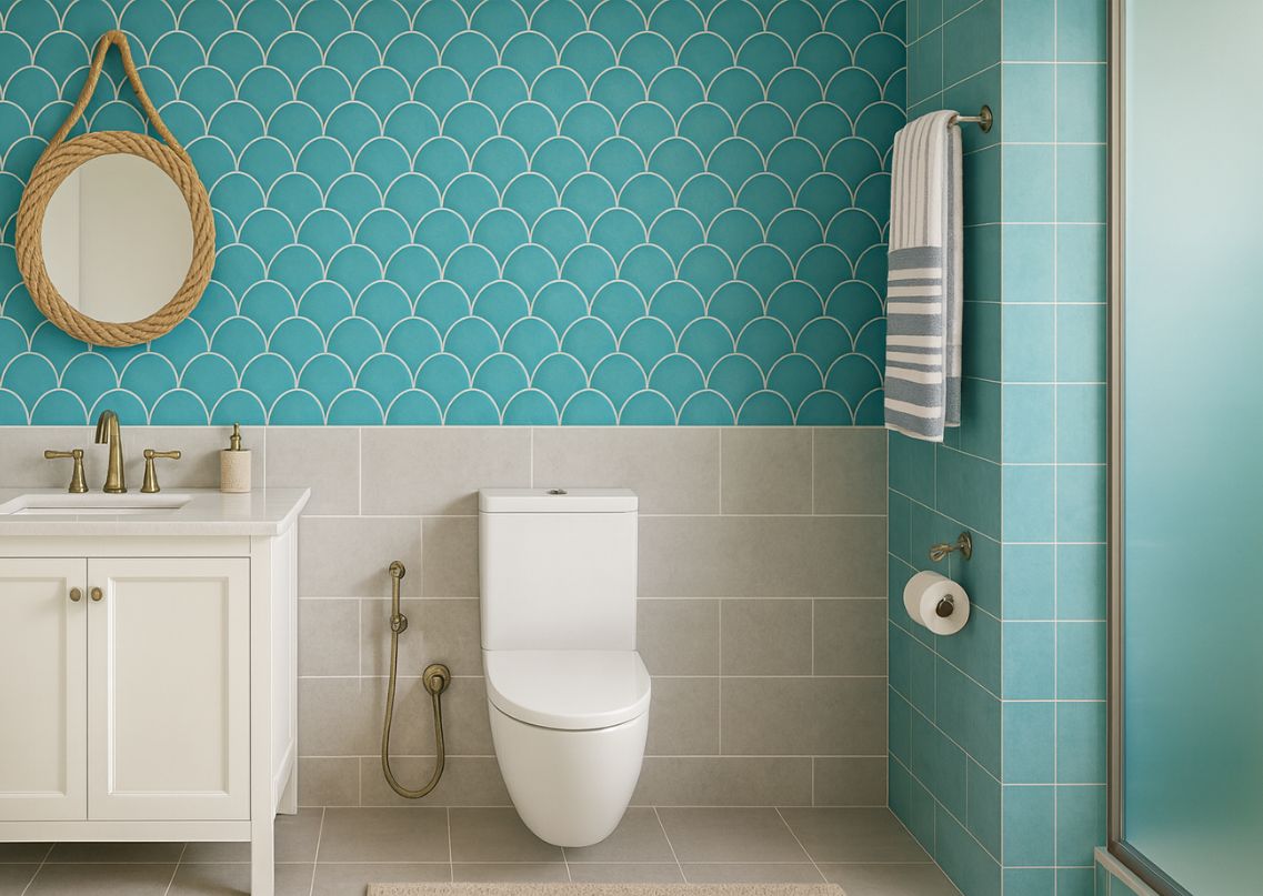 Modern bathroom with blue scallop tiles - Beautiful Homes