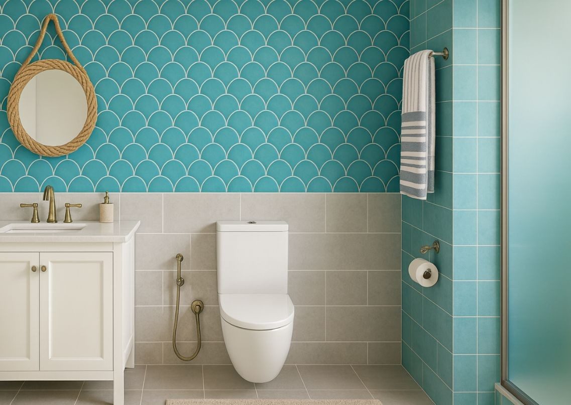 Modern bathroom with blue scallop tiles - Beautiful Homes