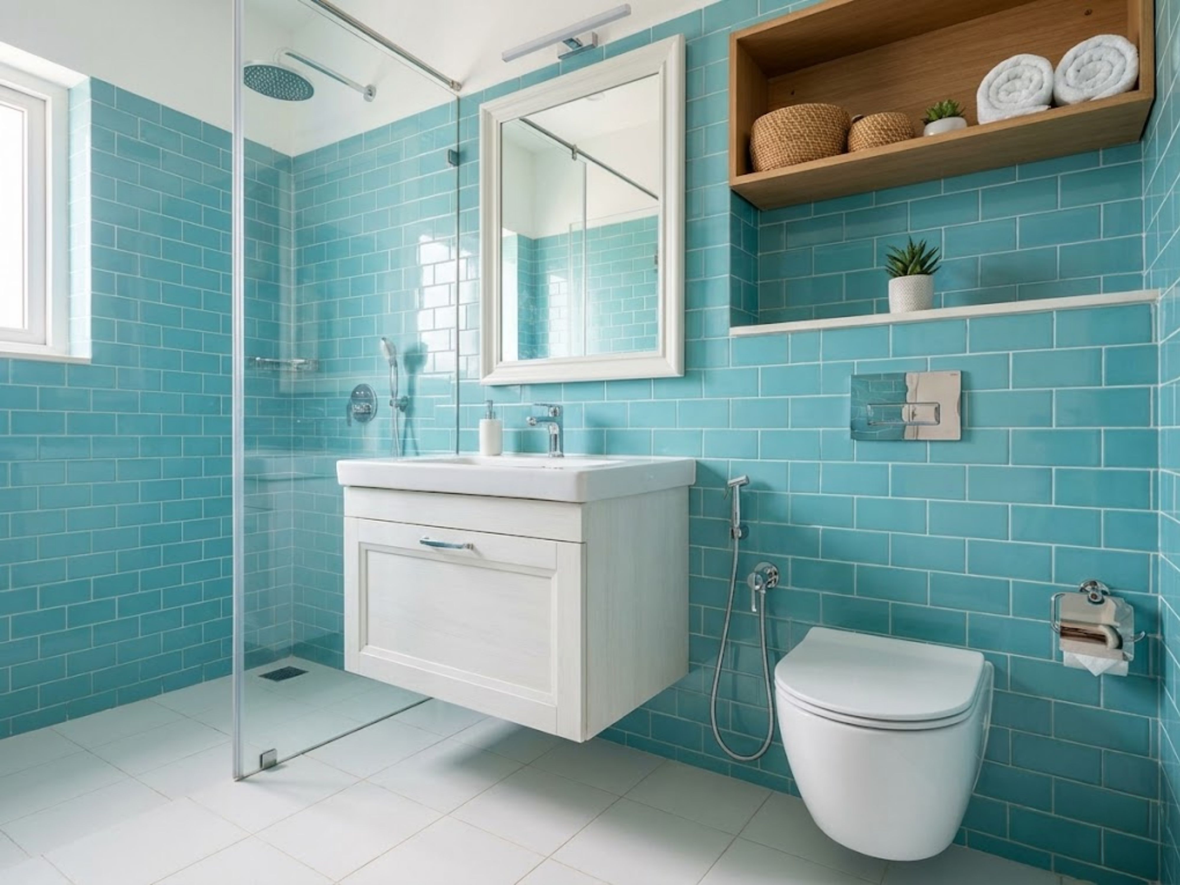 Modern bathroom with turquoise tiles and glass shower - Beautiful Homes