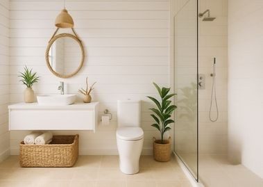 Neutral bathroom with vanity, plants, and walk-in shower - Beautiful Homes