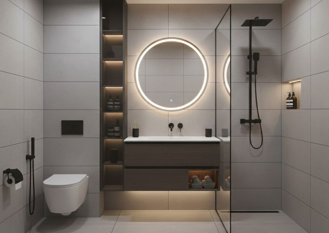 Bathroom with LED mirror, grey tiles, and rain shower - Beautiful Homes
