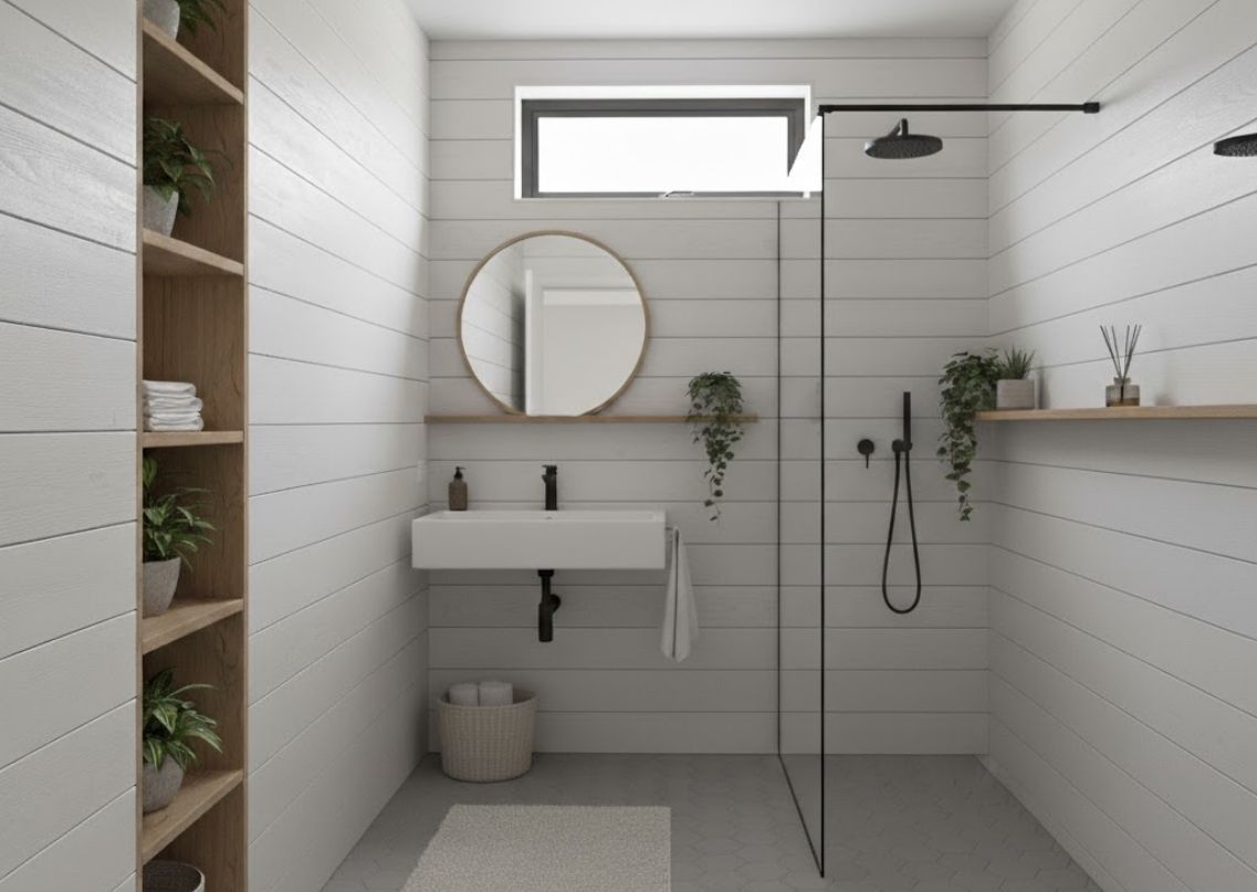 Minimalist bathroom with grey tiles and black fixtures - Beautiful Homes