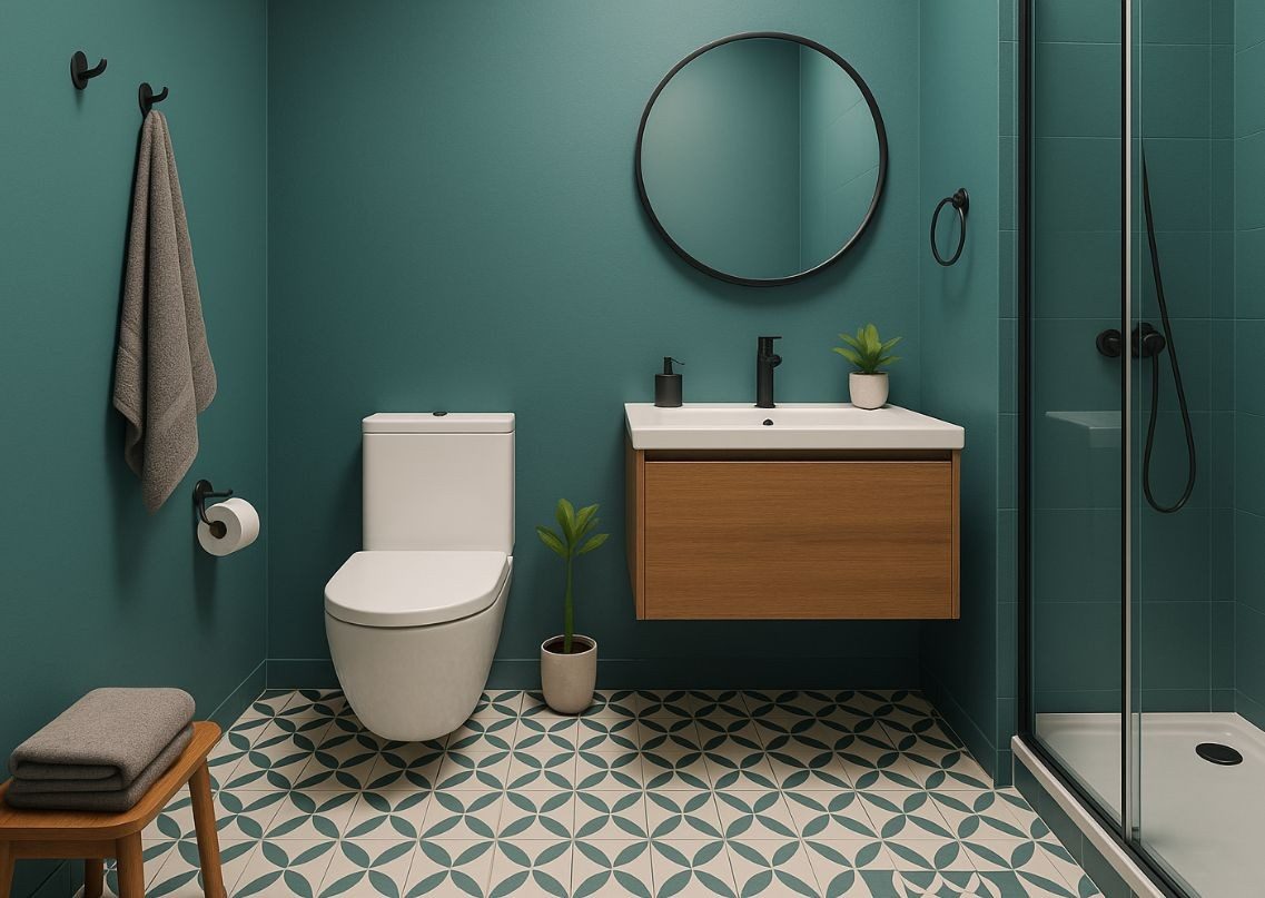 Teal bathroom with wooden vanity and glass shower - Beautiful Homes