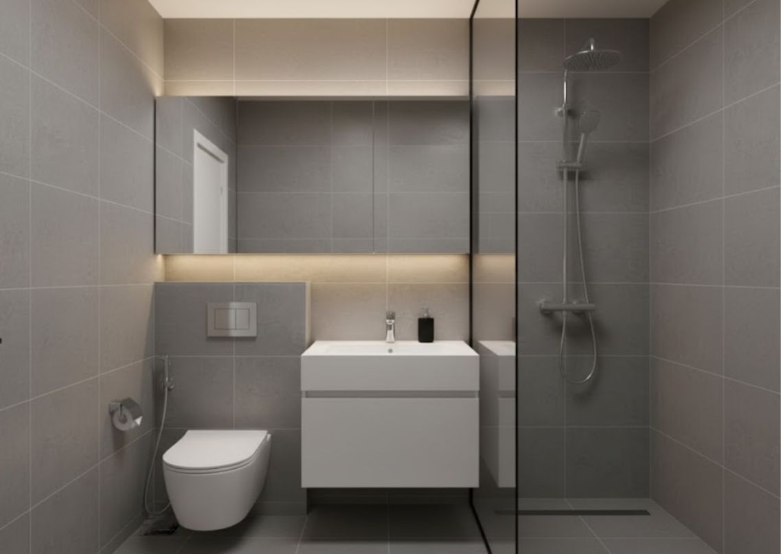 Modern bathroom with grey tiles and sleek vanity - Beautiful Homes
