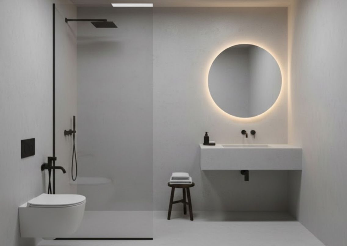 Minimal bathroom with floating sink and round mirror - Beautiful Homes