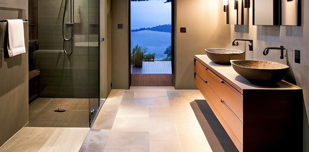 Concrete themed bathroom with wooden vanity unit-Beautiful Homes