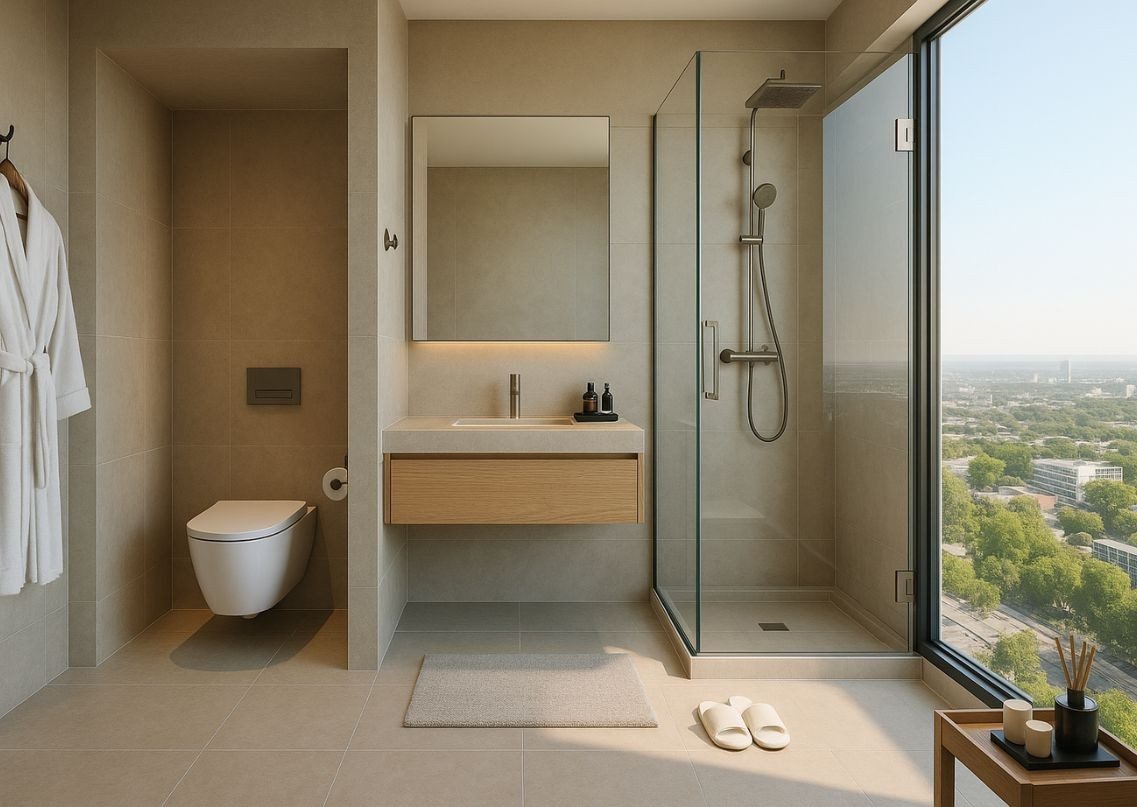 Minimalist bathroom with beige tiles and glass shower - Beautiful Homes