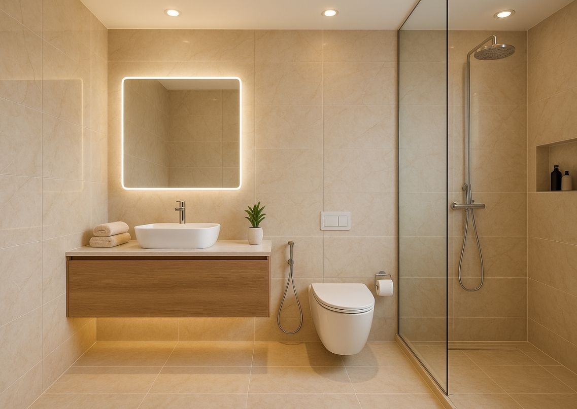Modern bathroom with beige tiles and sleek features - Beautiful Homes
