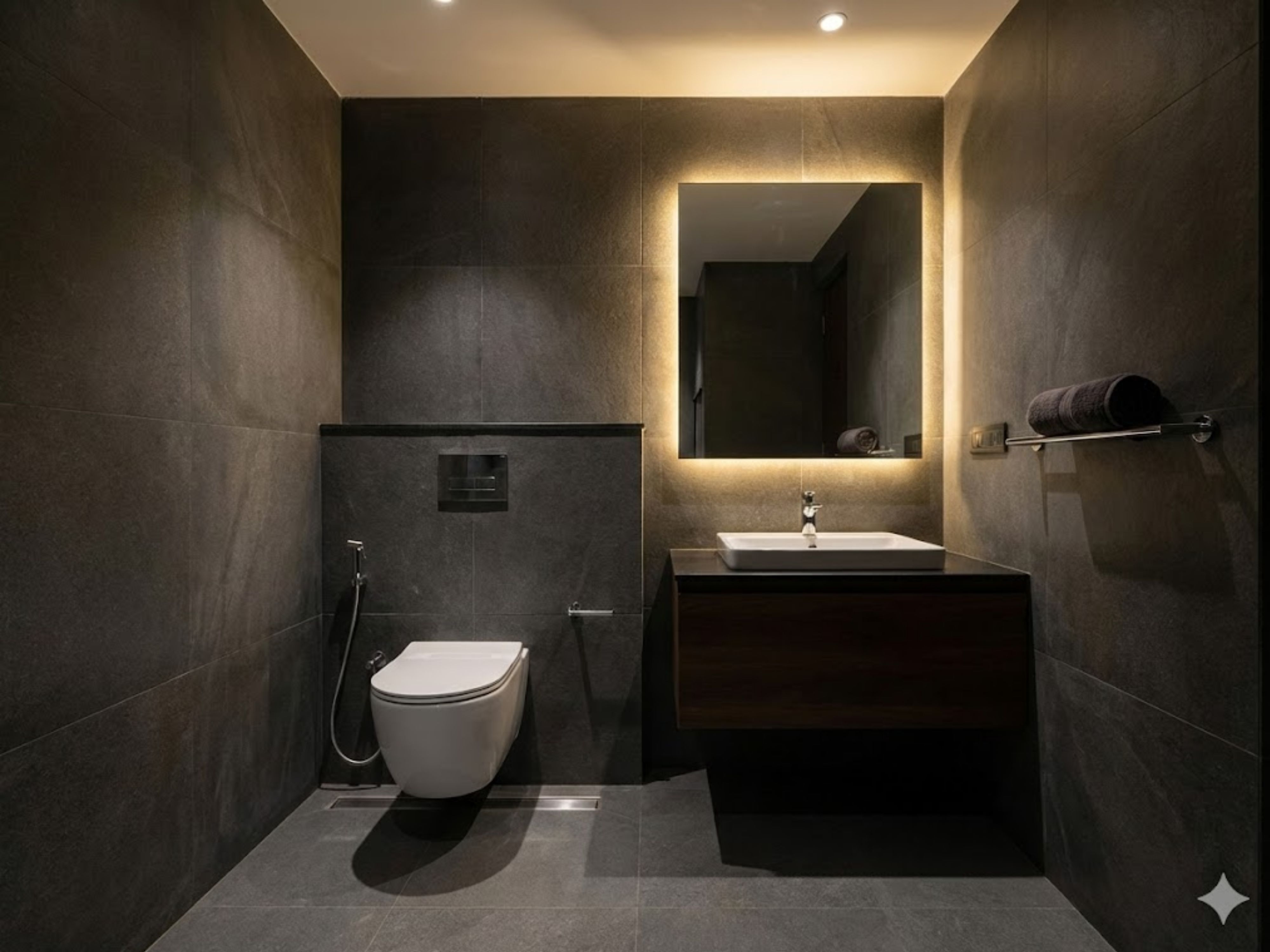 Modern bathroom with dark tiles and floating sink - Beautiful Homes