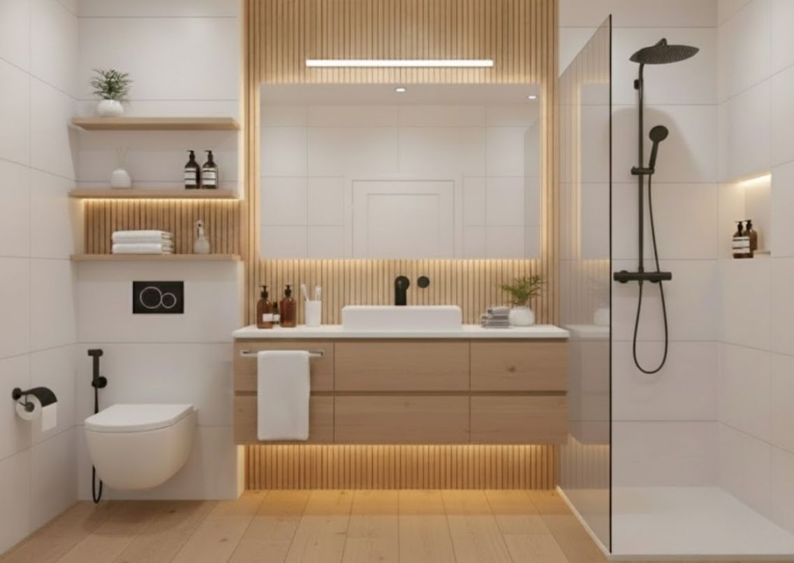 Modern bathroom with floating vanity and lighting - Beautiful Homes