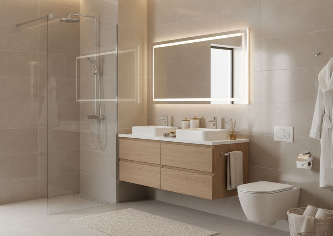 Minimalistic bathroom with beige tiles and wooden vanity - Beautiful Homes