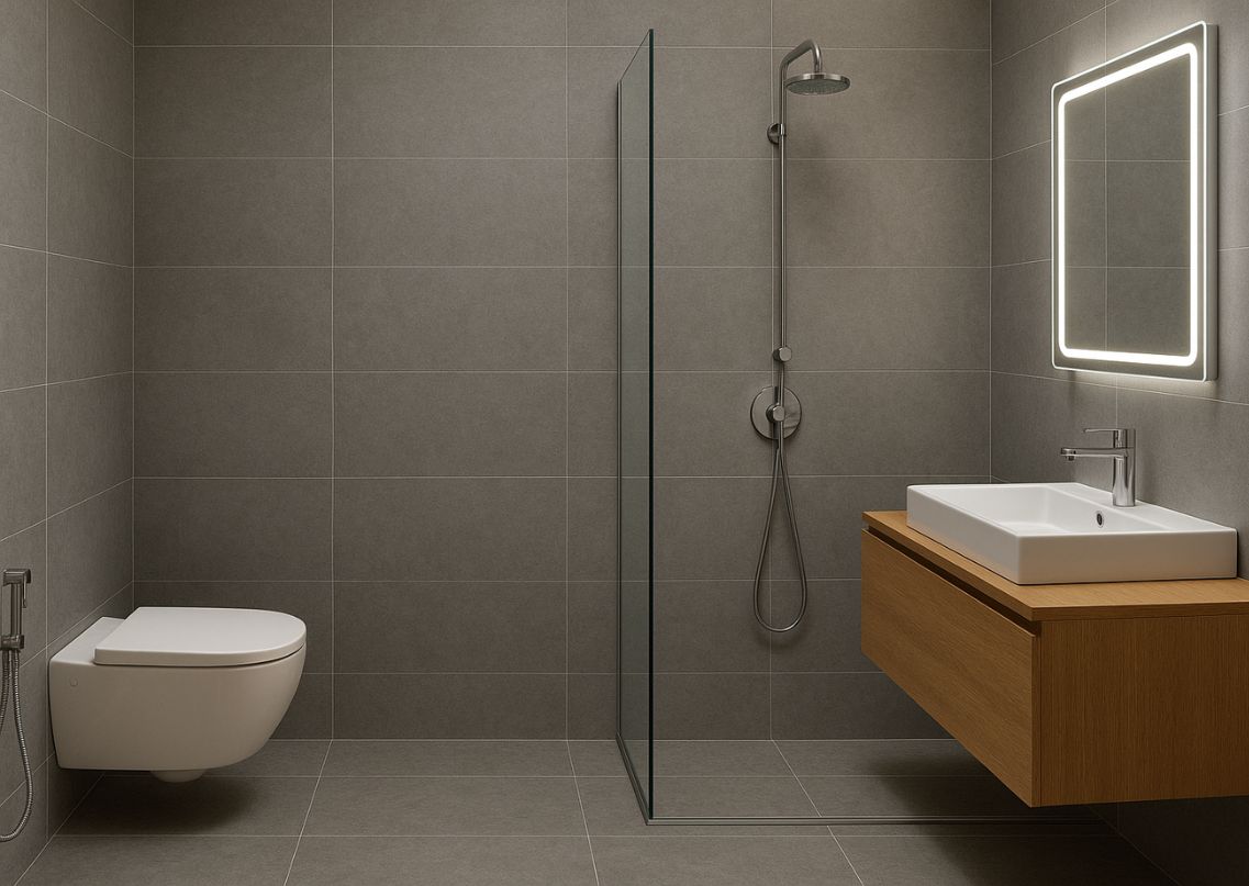 Modern bathroom with grey tiles and elegant features - Beautiful Homes