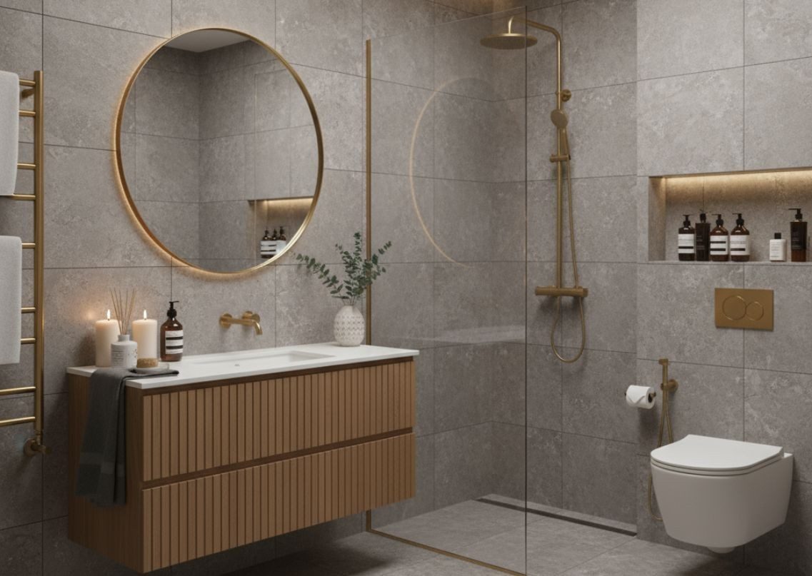 Bathroom with gold fittings and grey tile design - Beautiful Homes