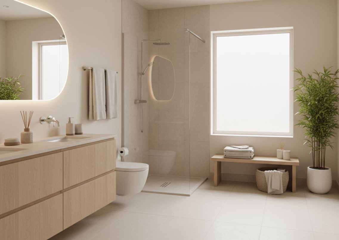 Bathroom with wooden vanity and bamboo plant - Beautiful Homes