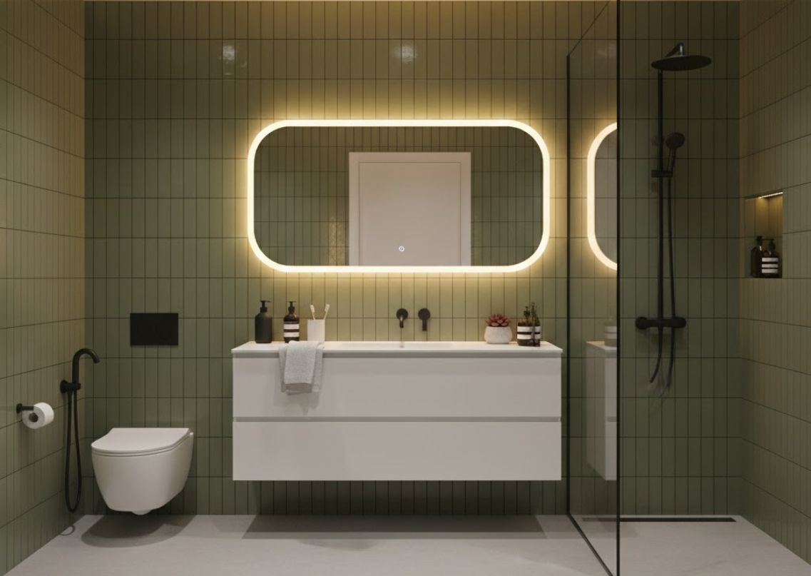 Bathroom with green tiles and floating vanity - Beautiful Homes