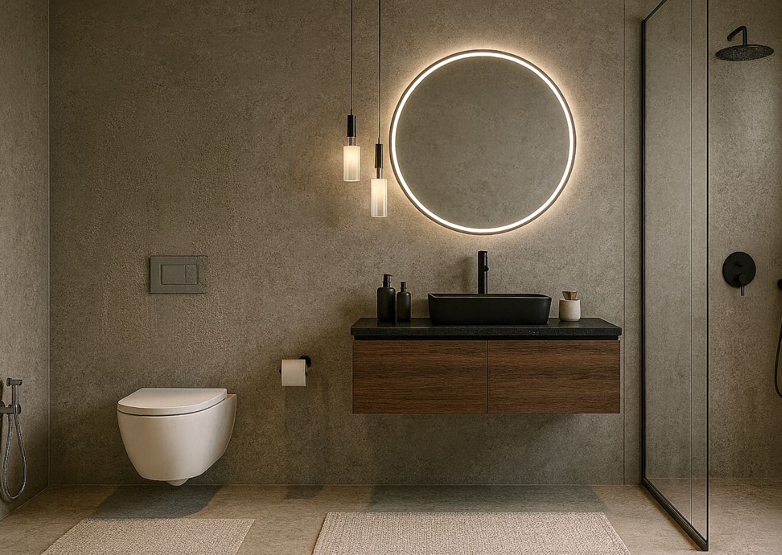 Minimalist bathroom with wooden vanity and round mirror - Beautiful Homes