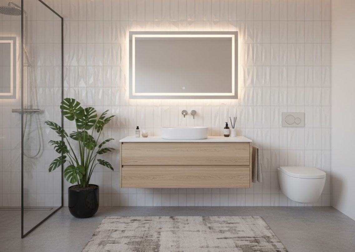 Bathroom with wooden vanity and patterned tiles - Beautiful Homes