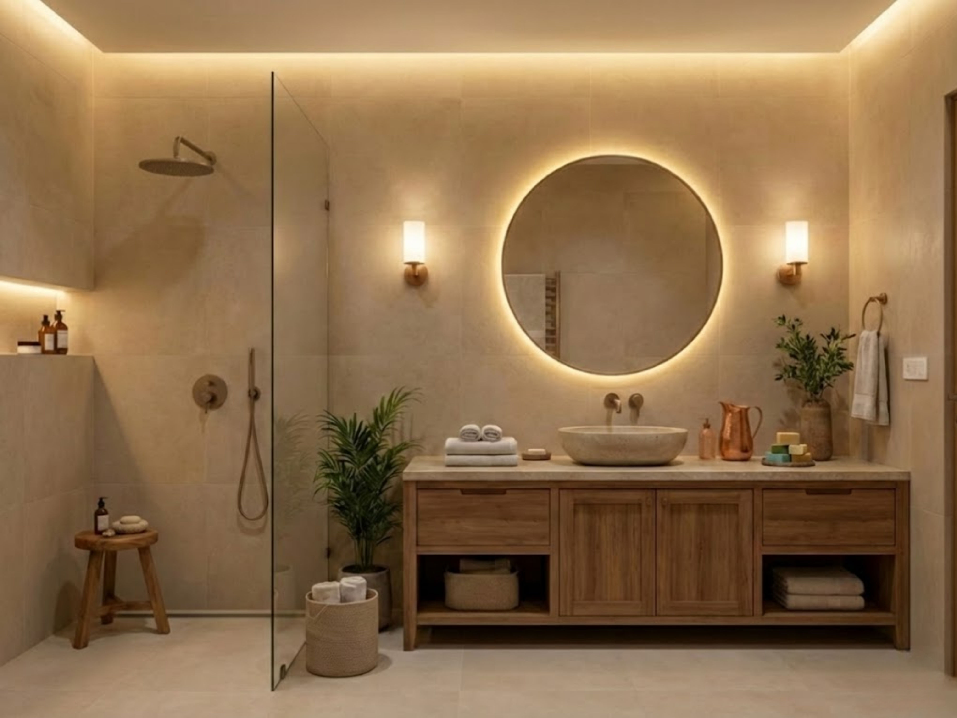 Bathroom with wooden vanity and LED round mirror - Beautiful Homes